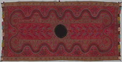 カシミヤ・ショール　赤地ペイズリー棕櫚文様綴織縫い合わせ